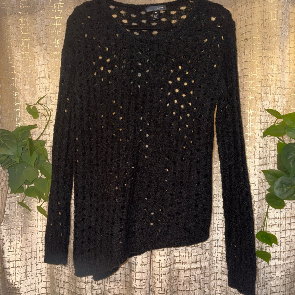 AQUA Black Asymmetrical Knit Sweater | Side Slit | Modern Minimal | Size M
